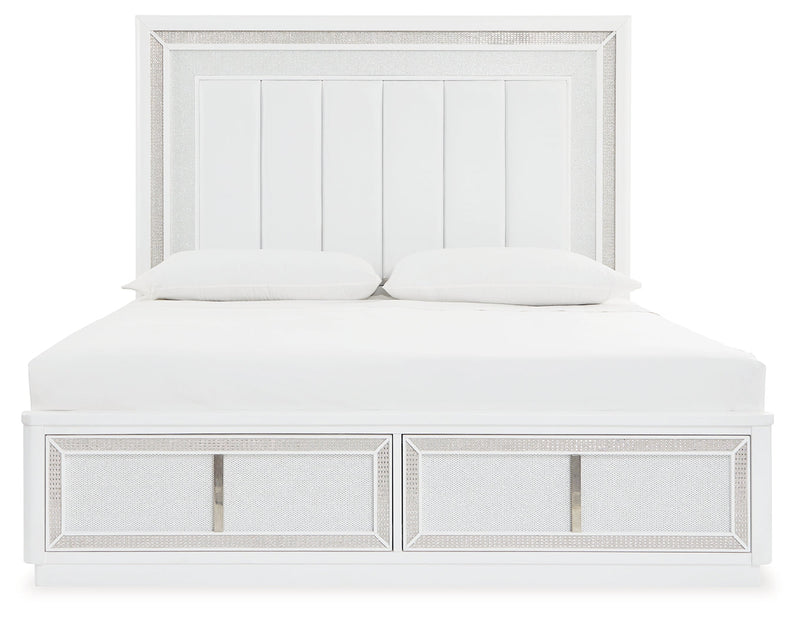 Chalanna King Upholstered Storage Bed with Mirrored Dresser, Chest and Nightstand in White from Ashley - Luna Furniture