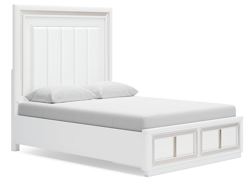 Chalanna Queen Upholstered Storage Bed with Mirrored Dresser, Chest and Nightstand in White from Ashley - Luna Furniture