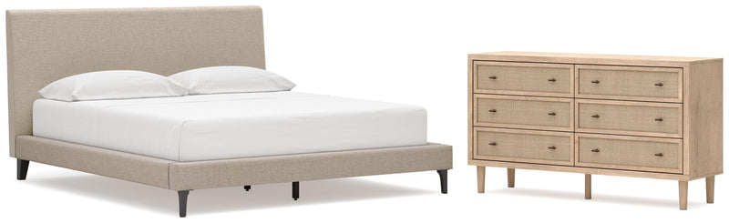 Cielden California King Upholstered Bed with Roll Slats and Dresser in Soft Gray - PKG022925