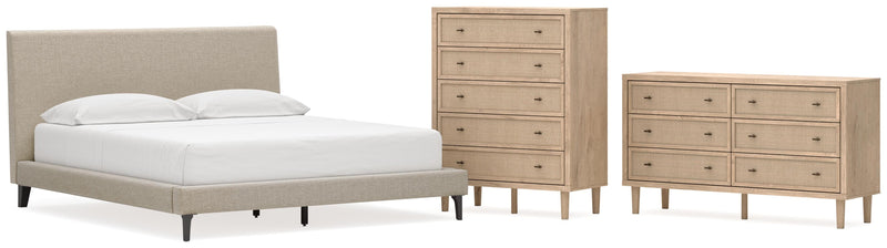 Cielden California King Upholstered Bed with Roll Slats, Dresser and Chest in Soft Gray - PKG022920