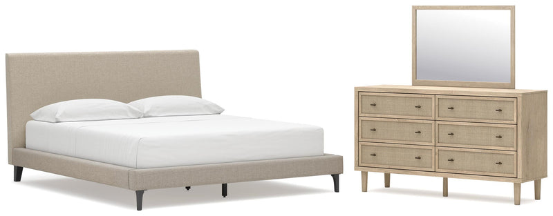 Cielden California King Upholstered Bed with Roll Slats, Dresser and Mirror in Soft Gray - PKG022919