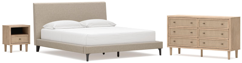 Cielden California King Upholstered Bed with Roll Slats, Dresser and Nightstand in Soft Gray - PKG022926