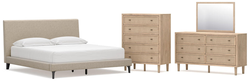 Cielden California King Upholstered Bed with Roll Slats, Dresser, Mirror and Chest in Soft Gray - PKG022923