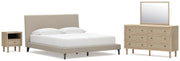 Cielden California King Upholstered Bed with Roll Slats, Dresser, Mirror and Nightstand in Soft Gray - PKG022922
