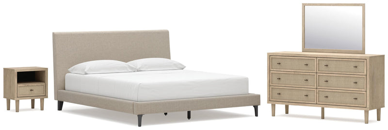 Cielden California King Upholstered Bed with Roll Slats, Dresser, Mirror and Nightstand in Soft Gray - PKG022922