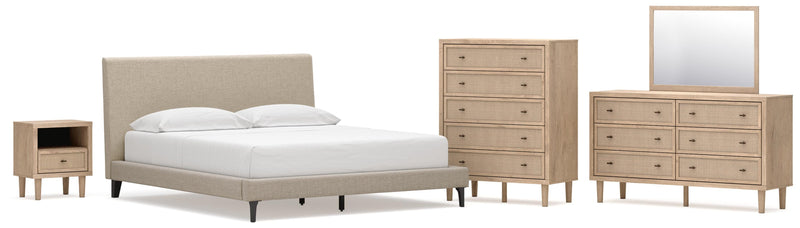 Cielden California King Upholstered Bed with Roll Slats, Dresser, Mirror, Chest and Nightstand in Soft Gray - PKG022924