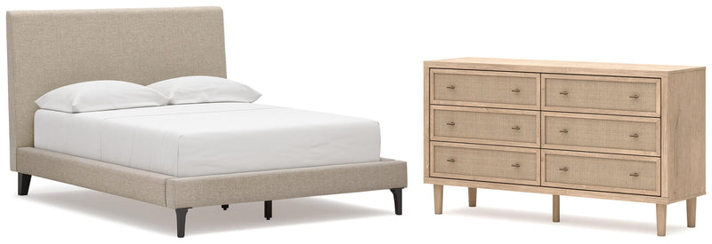 Cielden Full Upholstered Bed with Roll Slats and Dresser in Soft Gray - PKG022901