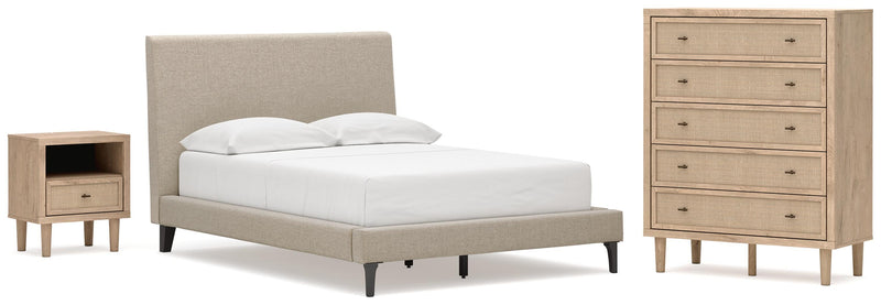 Cielden Full Upholstered Bed with Roll Slats, Chest and  Nightstand in Soft Gray - PKG022897