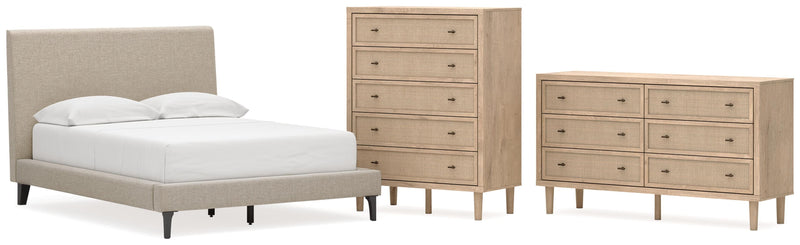 Cielden Full Upholstered Bed with Roll Slats, Dresser and Chest in Soft Gray - PKG022896