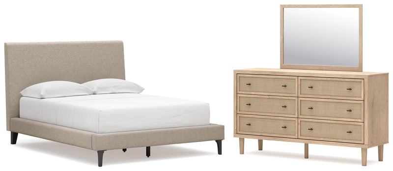 Cielden Full Upholstered Bed with Roll Slats, Dresser and Mirror in Soft Gray - PKG022895