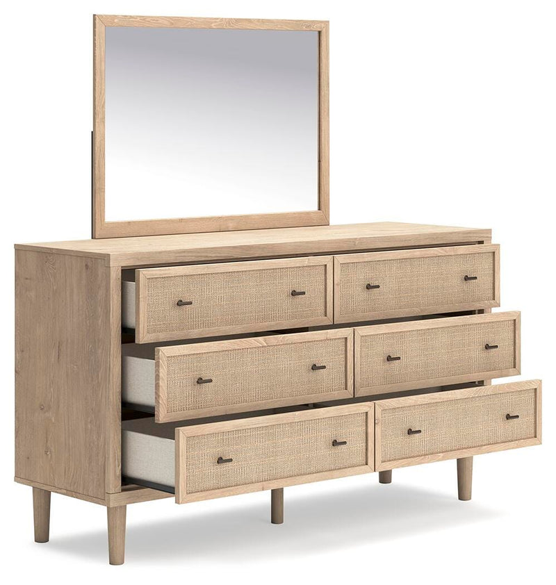 Cielden Full Upholstered Bed with Roll Slats, Dresser and Mirror in Soft Gray - PKG022895