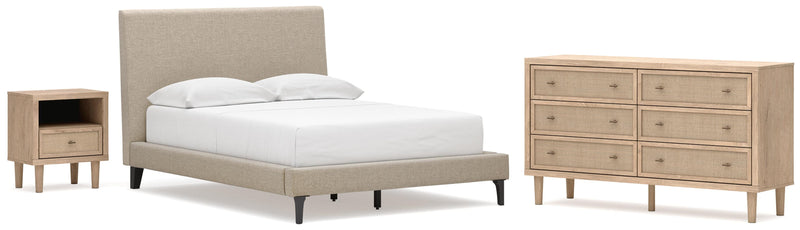 Cielden Full Upholstered Bed with Roll Slats, Dresser and Nightstand in Soft Gray - PKG022902