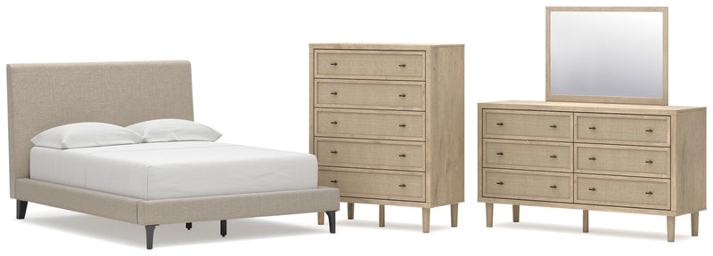 Cielden Full Upholstered Bed with Roll Slats, Dresser, Mirror and Chest in Soft Gray - PKG022899