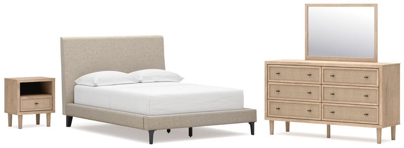 Cielden Full Upholstered Bed with Roll Slats, Dresser, Mirror and Nightstand in Soft Gray - PKG022898