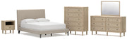 Cielden Full Upholstered Bed with Roll Slats, Dresser, Mirror, Chest and Nightstand in Soft Gray - PKG022900