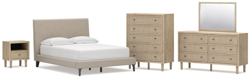 Cielden Full Upholstered Bed with Roll Slats, Dresser, Mirror, Chest and Nightstand in Soft Gray - PKG022900