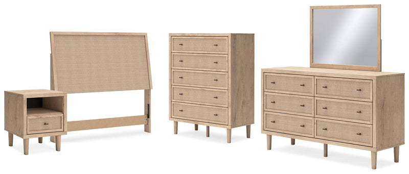 Cielden Full Upholstered Panel Bed with Mirrored Dresser, Chest and Nightstand in Two-tone - PKG018690