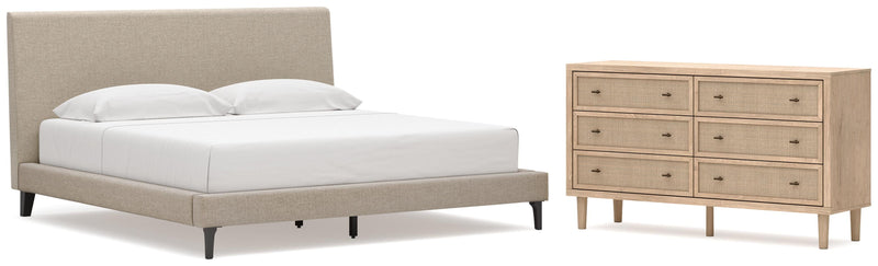 Cielden King Upholstered Bed with Roll Slats and Dresser in Soft Gray - PKG022917