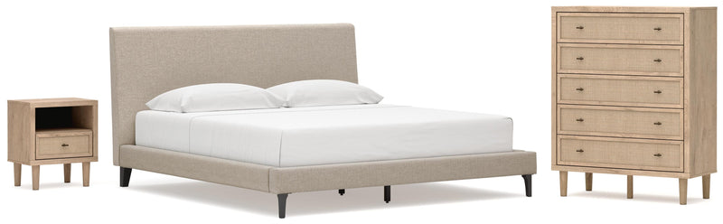 Cielden King Upholstered Bed with Roll Slats, Chest and  Nightstand in Soft Gray - PKG022913
