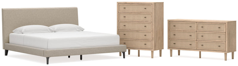 Cielden King Upholstered Bed with Roll Slats, Dresser and Chest in Soft Gray - PKG022912