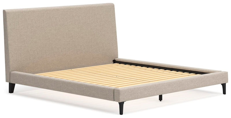Cielden King Upholstered Bed with Roll Slats, Dresser and Mirror in Soft Gray - PKG022911
