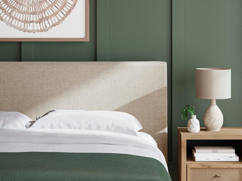 Cielden King Upholstered Bed with Roll Slats, Dresser and Mirror in Soft Gray - PKG022911