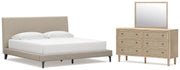 Cielden King Upholstered Bed with Roll Slats, Dresser and Mirror in Soft Gray - PKG022911