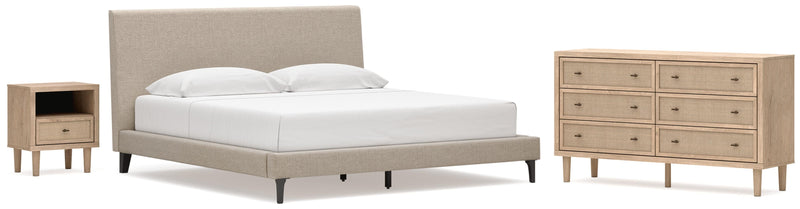 Cielden King Upholstered Bed with Roll Slats, Dresser and Nightstand in Soft Gray - PKG022918