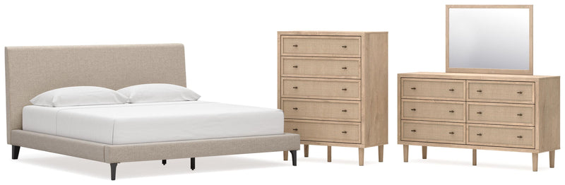 Cielden King Upholstered Bed with Roll Slats, Dresser, Mirror and Chest in Soft Gray - PKG022915