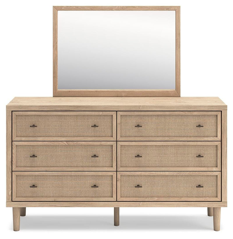 Cielden King Upholstered Bed with Roll Slats, Dresser, Mirror and Nightstand in Soft Gray - PKG022914