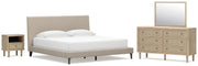 Cielden King Upholstered Bed with Roll Slats, Dresser, Mirror and Nightstand in Soft Gray - PKG022914