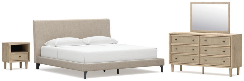 Cielden King Upholstered Bed with Roll Slats, Dresser, Mirror and Nightstand in Soft Gray - PKG022914