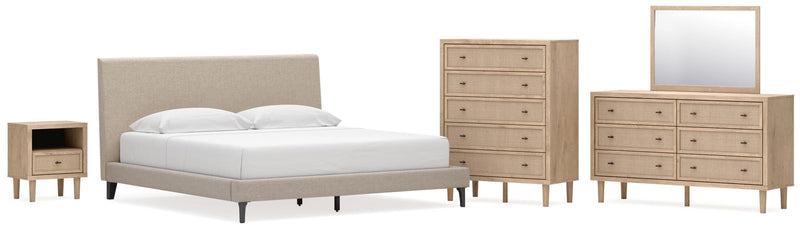 Cielden King Upholstered Bed with Roll Slats, Dresser, Mirror, Chest and Nightstand in Soft Gray - PKG022916