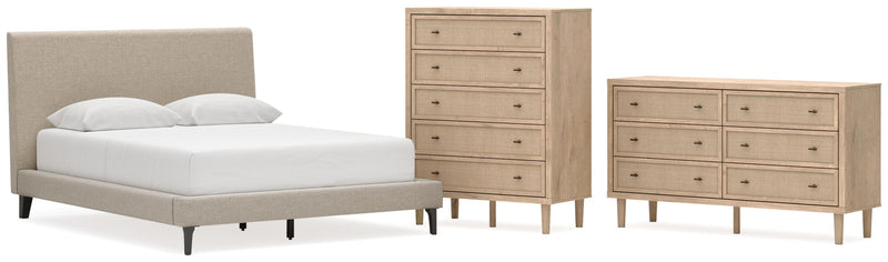 Cielden Queen Upholstered Bed with Roll Slats, Dresser and Chest in Soft Gray - PKG022904