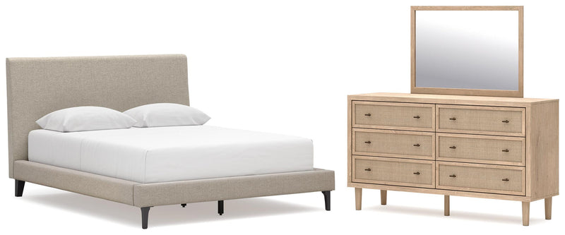 Cielden Queen Upholstered Bed with Roll Slats, Dresser and Mirror in Soft Gray - PKG022903