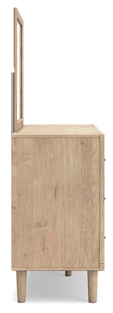 Cielden Queen Upholstered Bed with Roll Slats, Dresser and Mirror in Soft Gray - PKG022903