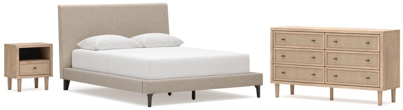 Cielden Queen Upholstered Bed with Roll Slats, Dresser and Nightstand in Soft Gray - PKG022910