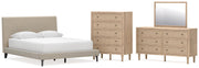 Cielden Queen Upholstered Bed with Roll Slats, Dresser, Mirror and Chest in Soft Gray - PKG022907