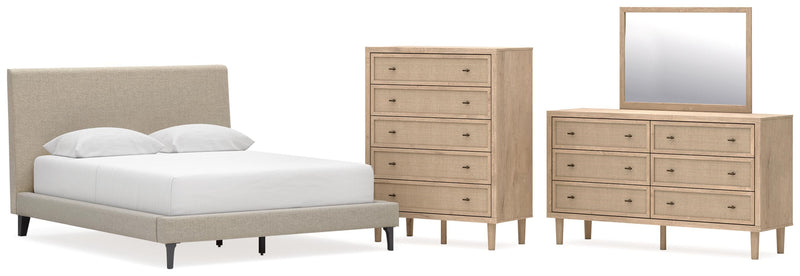Cielden Queen Upholstered Bed with Roll Slats, Dresser, Mirror and Chest in Soft Gray - PKG022907