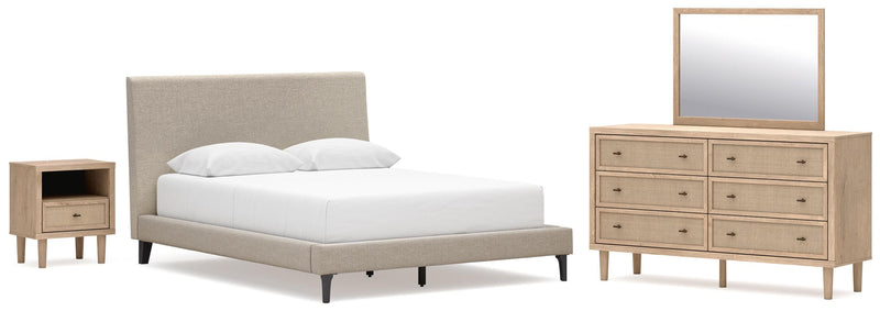 Cielden Queen Upholstered Bed with Roll Slats, Dresser, Mirror and Nightstand in Soft Gray - PKG022906