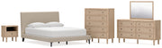 Cielden Queen Upholstered Bed with Roll Slats, Dresser, Mirror, Chest and Nightstand in Soft Gray - PKG022908