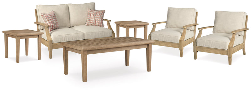 Clare View Outdoor Loveseat and 2 Lounge Chairs with Coffee Table and 2 End Tables in Beige - PKG015421
