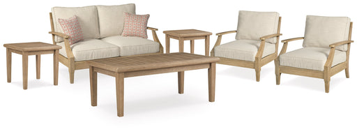Clare View Outdoor Loveseat and 2 Lounge Chairs with Coffee Table and 2 End Tables in Beige - PKG015421