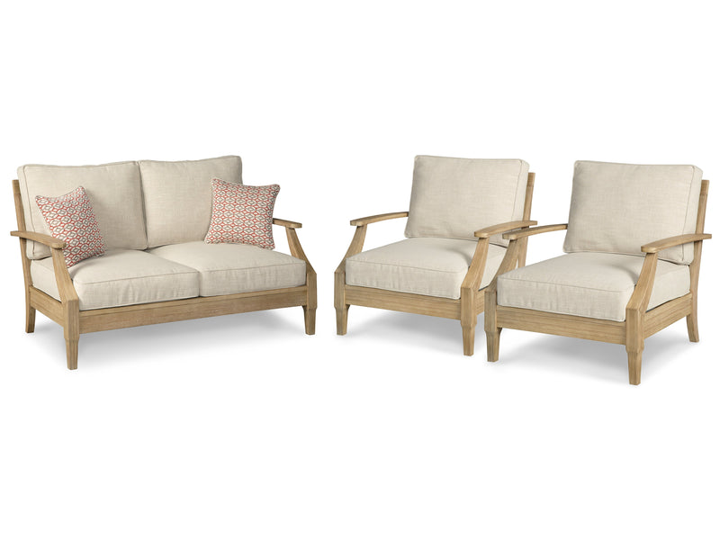 Clare View Outdoor Loveseat with 2 Lounge Chairs in Beige - PKG014544