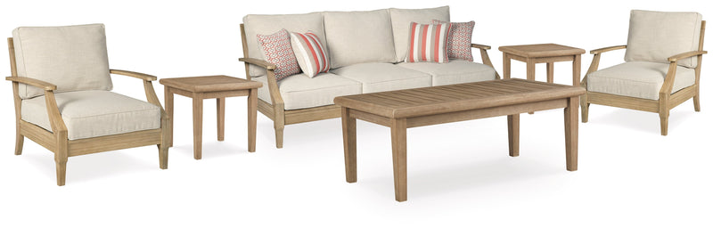 Clare View Outdoor Sofa and  2 Lounge Chairs with Coffee Table and 2 End Tables in Beige - PKG015420