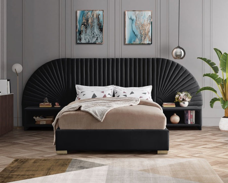 Cleo Velvet Queen Bed (3 Boxes) Black - Gate FurnitureQueen Bed