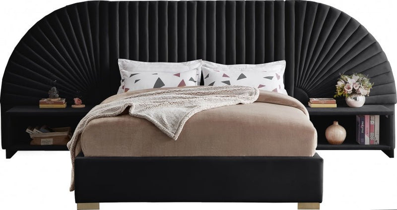Cleo Velvet Queen Bed (3 Boxes) Black - Gate FurnitureQueen Bed