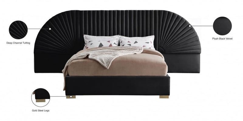 Cleo Velvet Queen Bed (3 Boxes) Black - Gate FurnitureQueen Bed