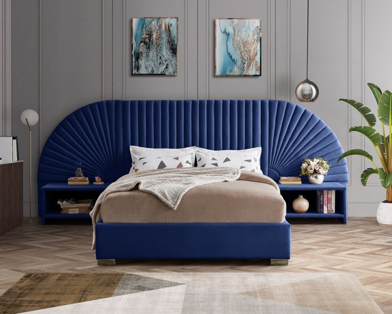 Cleo Velvet Queen Bed (3 Boxes) Blue - Gate FurnitureQueen Bed