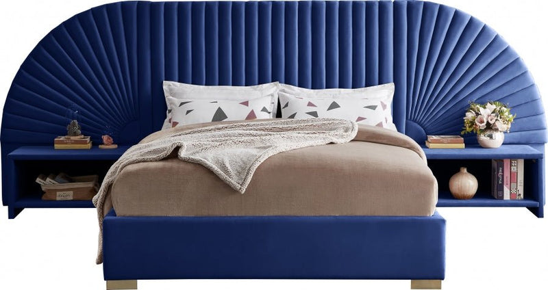 Cleo Velvet Queen Bed (3 Boxes) Blue - Gate FurnitureQueen Bed